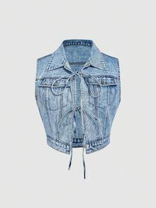 SHEIN MOD Plus Size Women Casual Versatile Front Tie Denim Vest Jacket - Blue - View 1