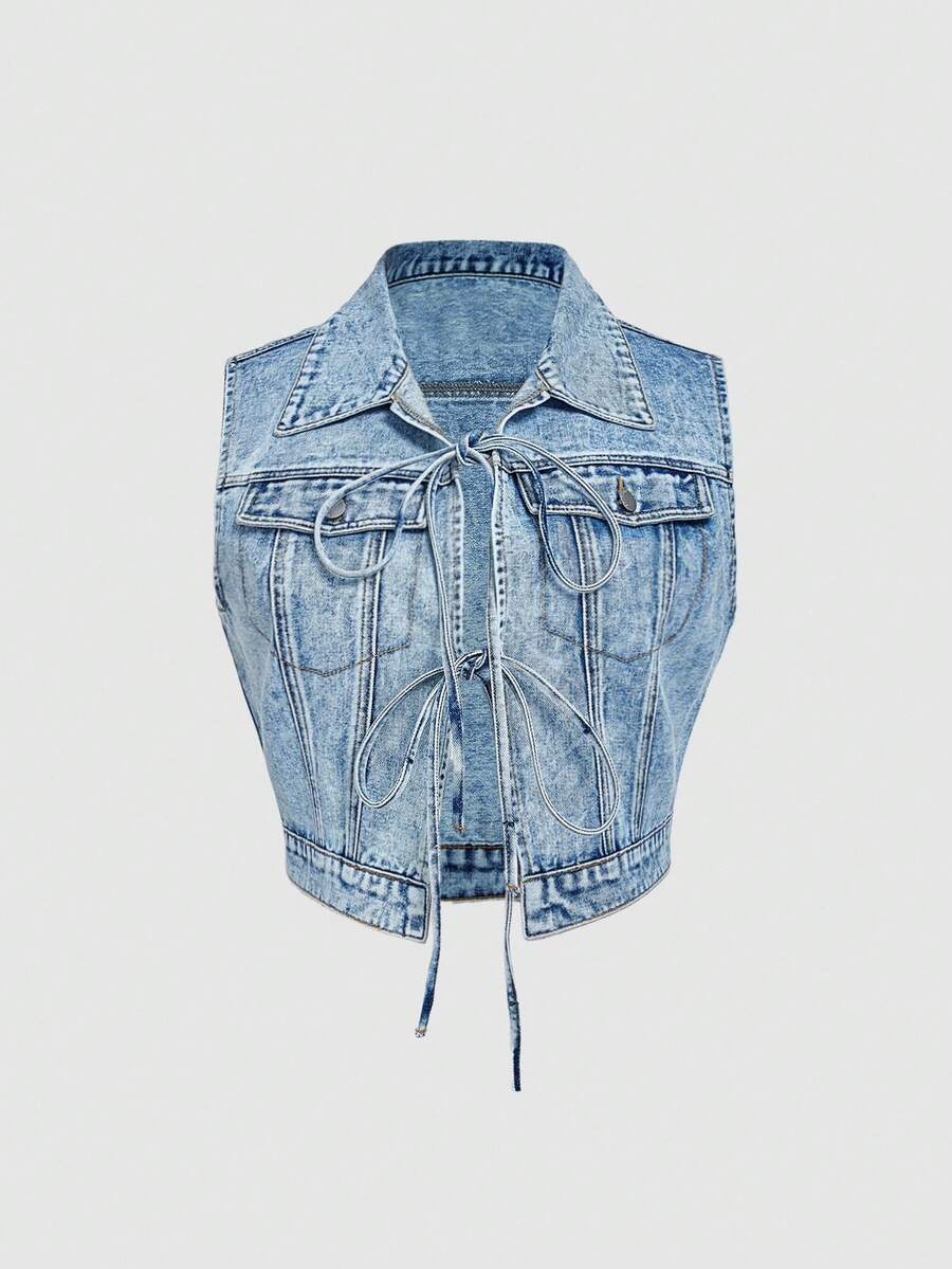 SHEIN MOD Plus Size Women Casual Versatile Front Tie Denim Vest Jacket - Blue - View 1