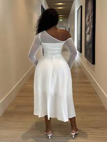 Alexandranx White Asymmetrical Pleated Long Sleeve Dress, Gorgeous And Romantic, Women,Brunch Women Outfit,Sun Dress,Tea Party Dress,White Graduation Dress - White - View 2