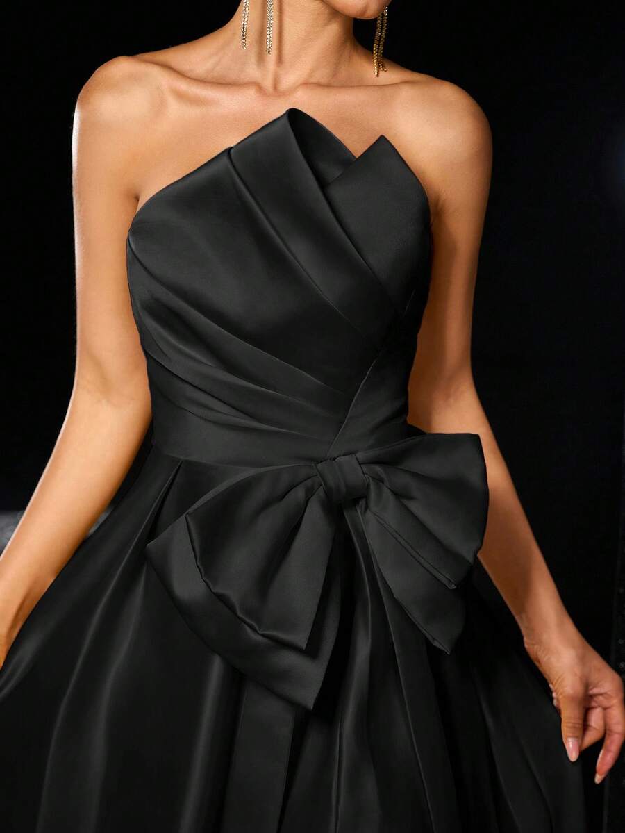 Glamrae Elegant Romantisk Gul Satin Asymmetrisk Plisserad Axelbandslös Överdimensionerad Rosettdekoration Hög Slits Maxikjol, Lämplig För Formella Tillfällen, Fester, Dejter, Galor - Svart - Visa 1