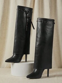 SHUZIA Women's Glamorous Pointy Toe Stiletto Heel Knee High Boots With Rivet Strap Decor - Black - View 3