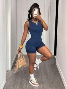 Slaydiva 女士運動連身衣，性感露背健身連身衣 - 藏蓝色 - 查看 5