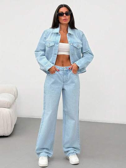 EURMUSE Single-Breasted Casual Denim Jacket And Jeans Set Denim Jacket And Jeans Set Women Blue 2 Piece Set Women Womens Light Blue Denim Set 2 Piece Denim Set Women Jean 2 Piece Set