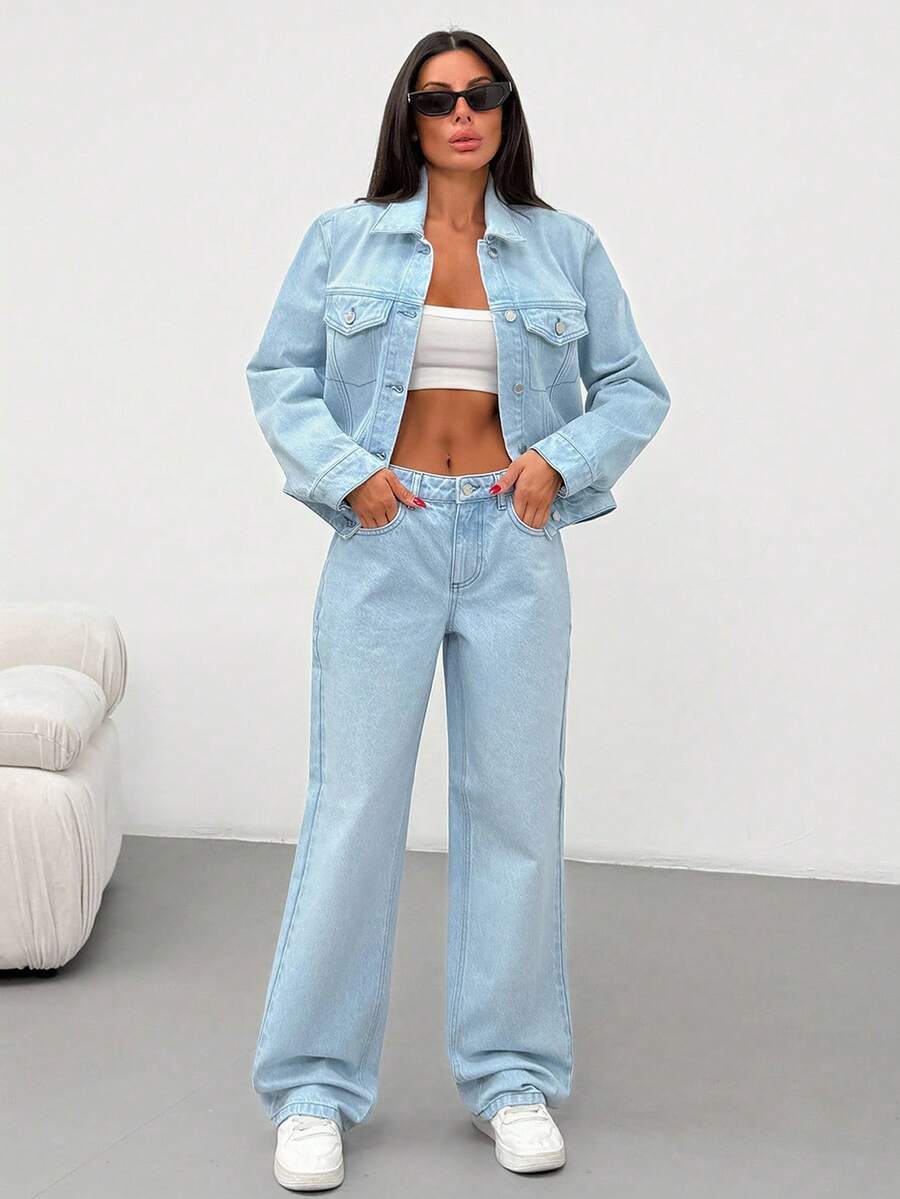 EURMUSE Single-Breasted Casual Denim Jacket And Jeans Set Denim Jacket And Jeans Set Women Blue 2 Piece Set Women Womens Light Blue Denim Set 2 Piece Denim Set Women Jean 2 Piece Set - Light Wash - View 1