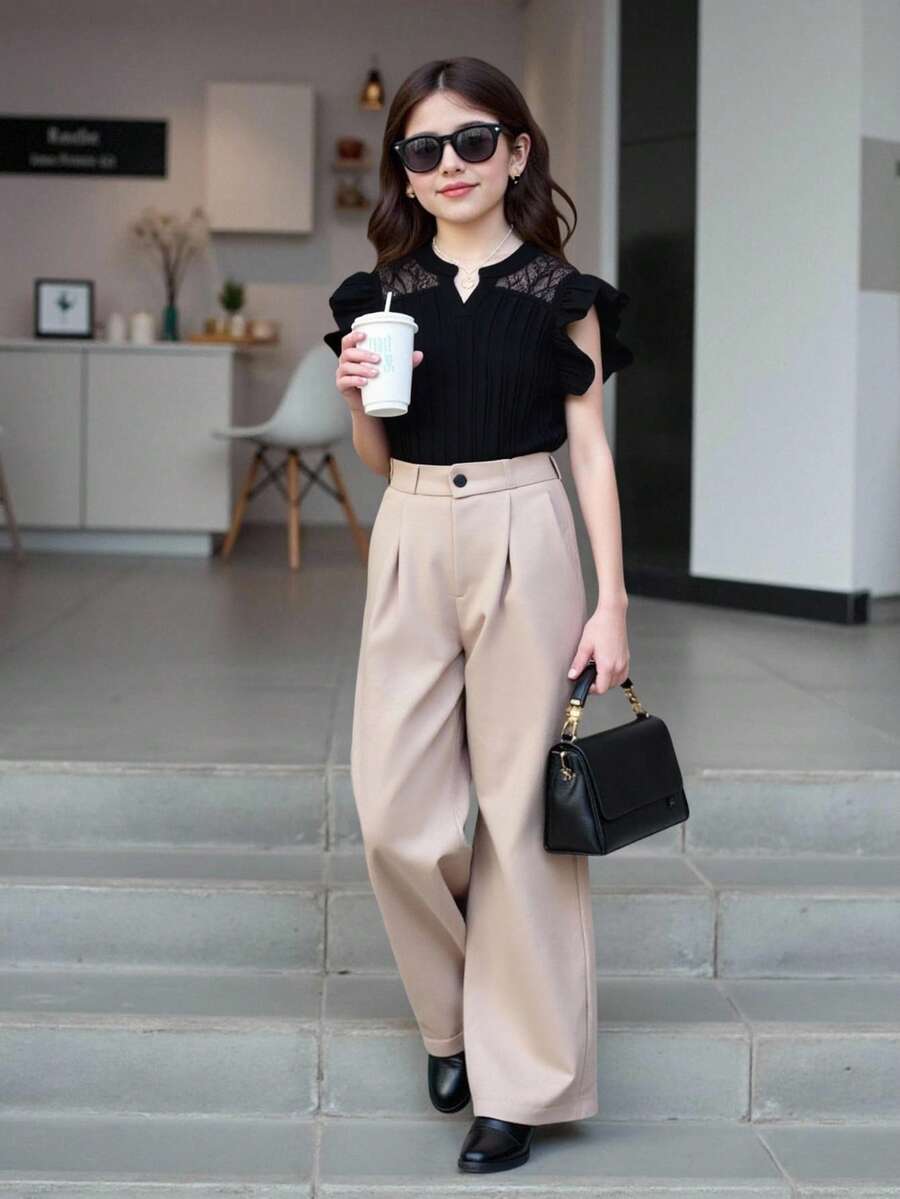 Áo sơ mi ren vá viền bèo nhún màu trơn đơn giản cho bé gái tuổi teen - màu đen - Xem 1