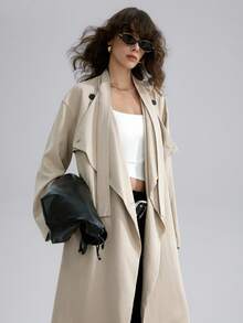 Airlisse Loose Fashionable Long Sleeve Long Women Trench Coat - Khaki - View 4