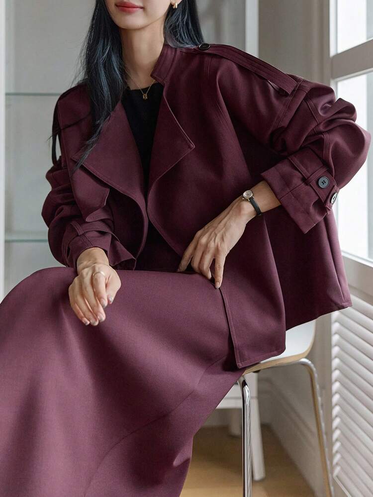 Women's Loose Fit Short Windbreaker Jacket And Straight Long Skirt 2 Pieces Casual Set