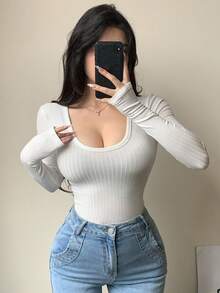 DAZY Camiseta de manga larga de mujer con cuello redondo, manga raglán y ajuste acanalado de unicolor - Blanco - Ver 2