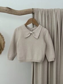 Blossori Baby Girls' French Elegant Bow Collar Pullover Sweater, Cozy Fall & Winter Styles - Apricot - View 1