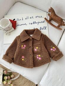 SHEIN Baby Girl Thick Fleece Embroidered Flower Collar Long Sleeve Jacket, Autumn/Winter Fall - Coffee Brown - View 7