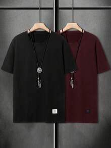 Manfinity Homme Men's Letter Graphic Round Neck Casual Loose T-Shirt Men Short Sleeve T-Shirt 2pcs