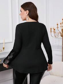 Reflora Plus Size Elegant Party Rhinestone Embroidery Mesh Splice Twist Knot T-Shirt Fall - Black - View 2