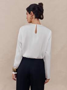 Modelyn Women's Solid Color V-Neck Metal Ring Decor Long Sleeve Raglan Fashion Blouse - White - View 2