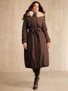 Anewsta 女士口袋腰带设计长袖拉链前毛领连帽长款休闲冬季夹克 - 棕色 - 查看 4