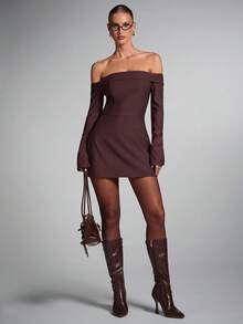 SHEIN BAE Fall And Winter Women's Solid Color Off Shoulder Long Sleeve Zipper Back Design Fashion Dress, Brown Dress Women,Elegant Suit Dress - Rust Brown - View 7