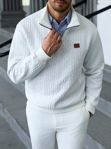 Manfinity CasualCool Men's Casual Solid Color Textured Half Zip Stand Collar Sweatshirt, Men's Autumn New Solid White Minimalist Casual Pullover Sweatshirt, Versatile Items For Daily Commuting, Travel, Cable Knit Quarter Zip Sweatshirt, Long Sleeve Top - White - View 3