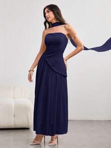 NOVVYNE 女式不对称荷叶边下摆露背连衣裙，优雅魅力，浅黄色，春夏 - 藏蓝色 - 查看 3