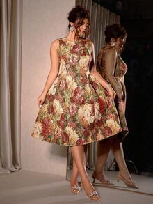 Cravure Plus Size Jacquard Fabric Sleeveless Suspender Dress, Halloween Pumpkin Princess A-Line Midi Dress, Waist Cinched Slimming