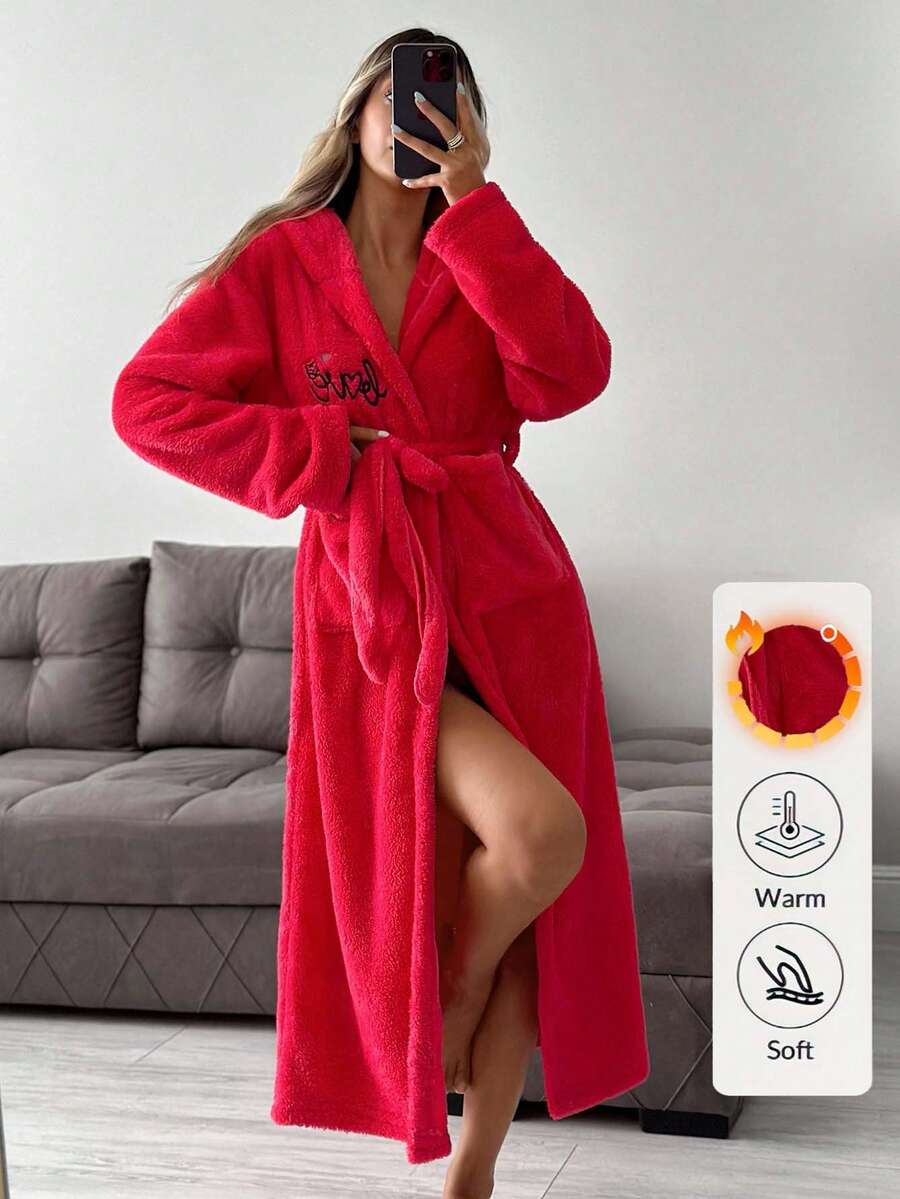 EURMUSE PLUS Women Embroidery Detail Hooded Belted Long Robe - Pink - View 1