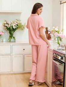 Ruffle Trim Pocket Patched PJ Set / Pajama Set