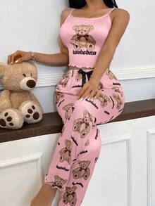SHEIN 2pcs Cute Bear Print Camisole & Pants Pajama Set - Multicolor - View 3