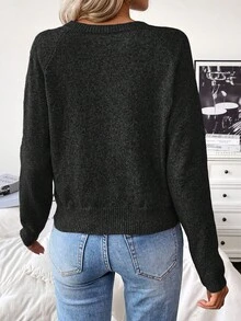 EMERY ROSE 女士新款纯色毛衣，半拉链纽扣针织套头衫，冬季 - 黑色 - 查看 2