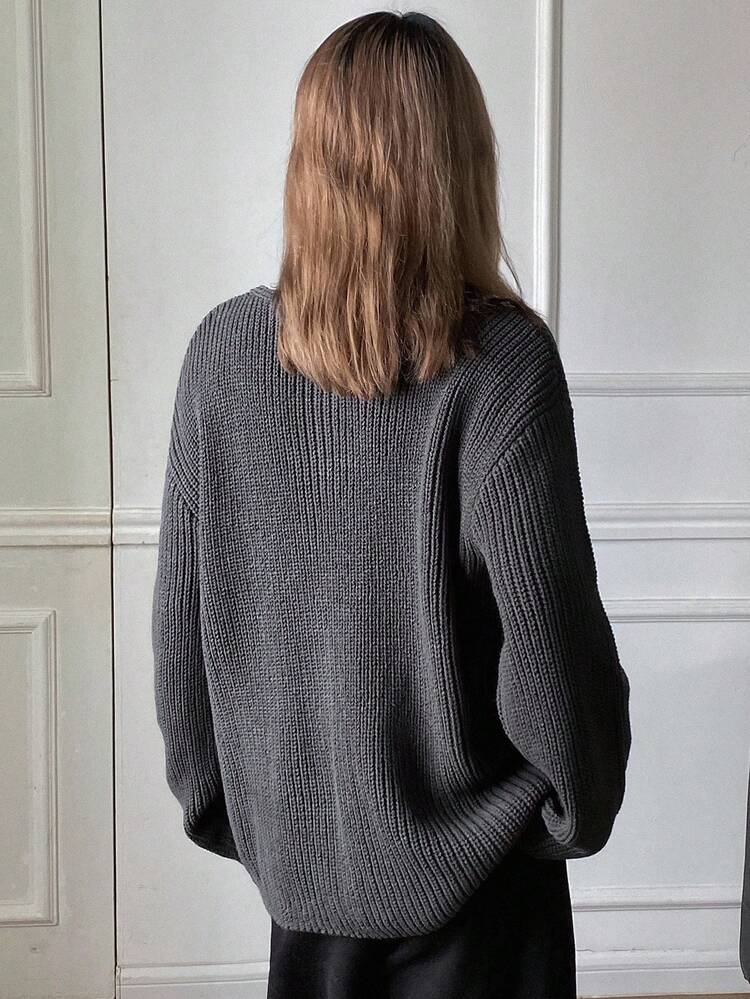 Women's Loose V-Neck Open Shoulder Long Sleeve Casual Street Knit Sweater, Solid Color Fall/Winter