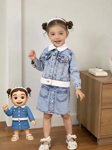 SHEIN 1 Set Girls Denim Outfit,New Autumn/Winter Collection,Light Blue Denim,Casual Style,Multi-Color Buttons,Furry Collar&Cuffs,Fitted,Back-To-School New - Light Wash - View 3