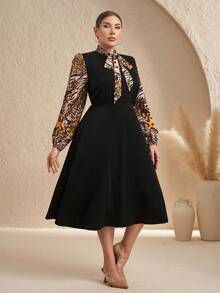 Chikora 加大码黑色拼布豹纹领结蝴蝶结长袖灯笼袖休闲连衣裙，适合日常穿着和通勤 - 彩色 - 查看 3