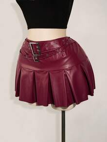 SHEIN ICON Plus Size Leather Belt Buckle Metal Decor Waist Pleated Mini Skirt Burgundy Rave 90s Autumn Sexy Fall Concert - Burgundy - View 3