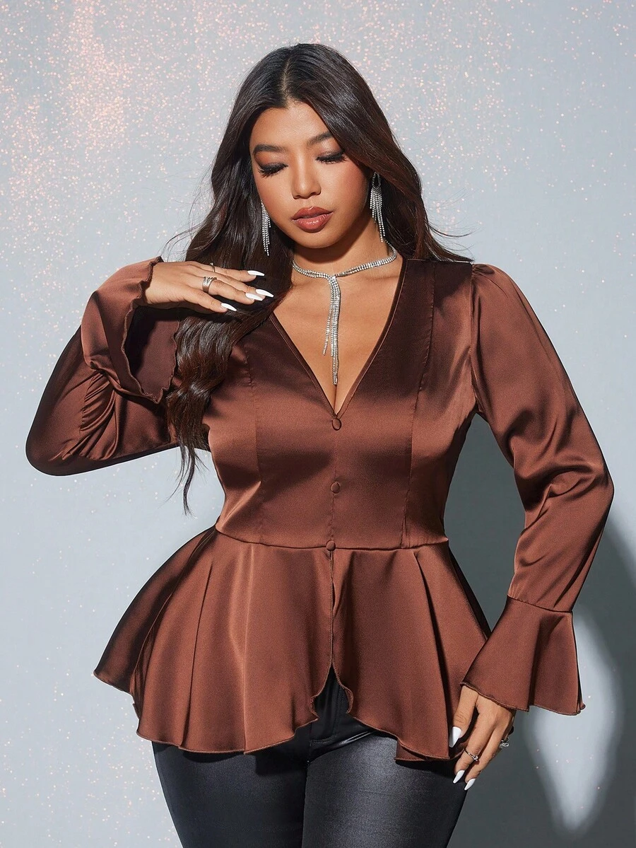 Viva Relle 大码女式纯色V领喇叭袖纽扣设计荷叶边下摆优雅衬衫 - 棕色 - 查看 1