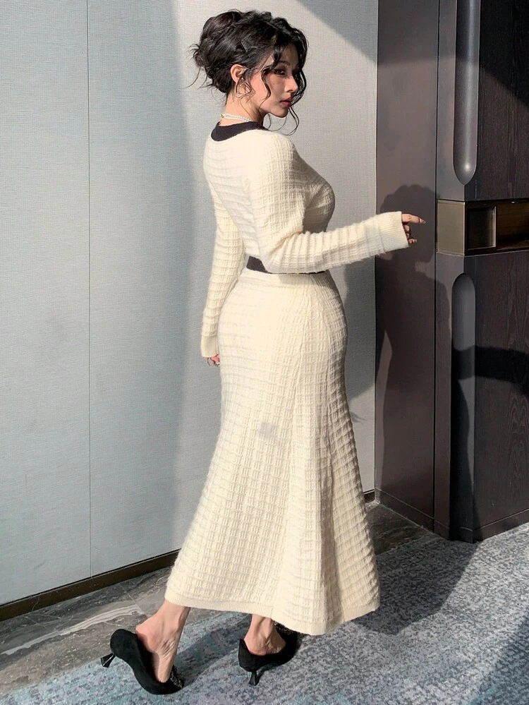 Women's Elegant Color Block Patchwork Sweater Dress, Autumn