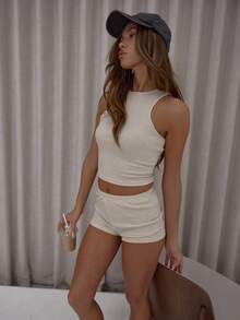 MUSERA Ribbed Racer Neck Fitted Tank Top Fitted Mini Shorts Set Classy Sexy Streetwear Fall Autumn Night Out Winter Evening Spring Summer - Apricot - View 3