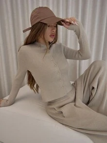 MUSERA Button Up Long Sleeve Cardigan Relaxed Elasticated Knit Trousers Ribbed Knit Set Classy Sexy Streetwear Night Out Elegant Evening Party Winter  Spring Vacation - Grey - View 2