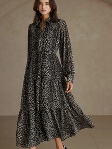 Aveloria Rosie Leopard Print Chiffon Shirt Collar Super Long Tie Waist Commuter Elegant Dress - Multicolor - View 4