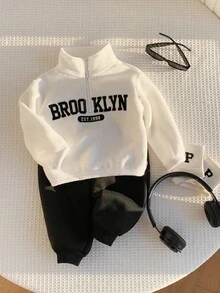 2pcs Baby Boy Black And White Tracksuit,Half-Zip Thermal Hoodie & Sweatpants Set,Back-To-School,Autumn,Casual,City Break,Cute Winter Fall Outfit - Black and White - View 5