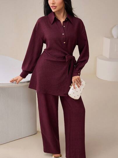 Veilorie Women's Casual Solid Color Shirt & Pants 2 Pieces Set