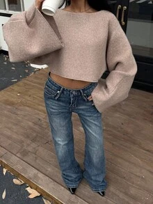Lumivelle 2025 New Fashion Loose Casual Minimalist One-Piece Design Knitted Cover Up Sweater Crop Sweater - Camel - View 5