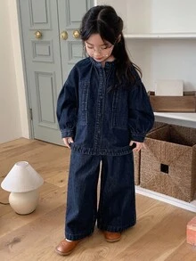 DAZY 2件套年轻女孩休闲长袖上衣和裤子套装 - 藍色 - 查看 2