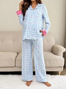 SHEIN 2pcs Maternity Casual Loose Long Sleeve Top And Pants Set,Maternity Pjs ,Loungewear,Nightgown,Sleepwear Set Plaid Pajamas Women Nightwear Maternity Sleepwear Sleep Wear Women Bow Print Pajama Set - Blue - View 3