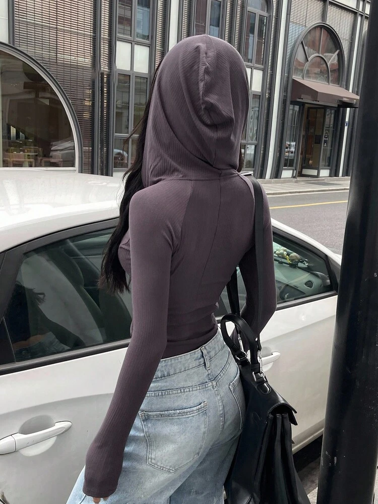 Women's Solid Color Long Sleeve Fitted Hooded Zip-Up T-Shirt Going Out Tops Women