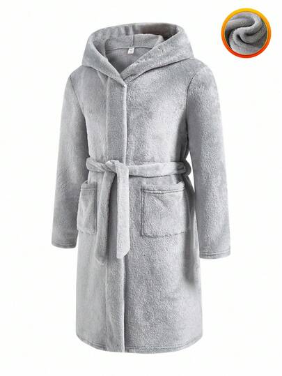 SHEIN 青少年男孩休闲日常舒适翻领前开襟宽松长裤长袍，法兰绒面料中长家居服