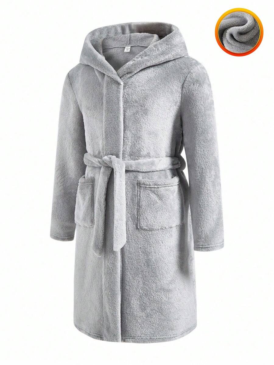 SHEIN Tween Boys' Grey Flannel Hooded Bathrobe,Autumn Casual Lounge Comfortable Plush Mid-Length Open Front Robe,Soft Fleece Loungewear For Kids Winter - Grey - View 1