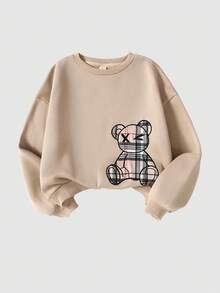 SHEIN Tween Girls' Casual Sports Chic Cute Cartoon Bear Embroidery Loose Drop Shoulder Crew Neck Sweatshirt & Plaid Slim Fit Leggings Set, Khaki Fall Winter - Khaki - View 5