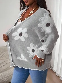 SHEIN CURVE+ Plus Size Women's 3D Floral Sweater Knitted Cardigan, Autumn Set, Autumn Top, Winter Knitted Cardigan/Autumn /Winter - Grey - View 5