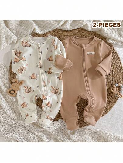 Loomiva Newborn Baby Boy/Girl Cartoon Animal Print Solid Color Soft Knit Crew Neck Long Sleeve Jumpsuit 2 Pieces Set Baby Casual Zipper Fall Winter