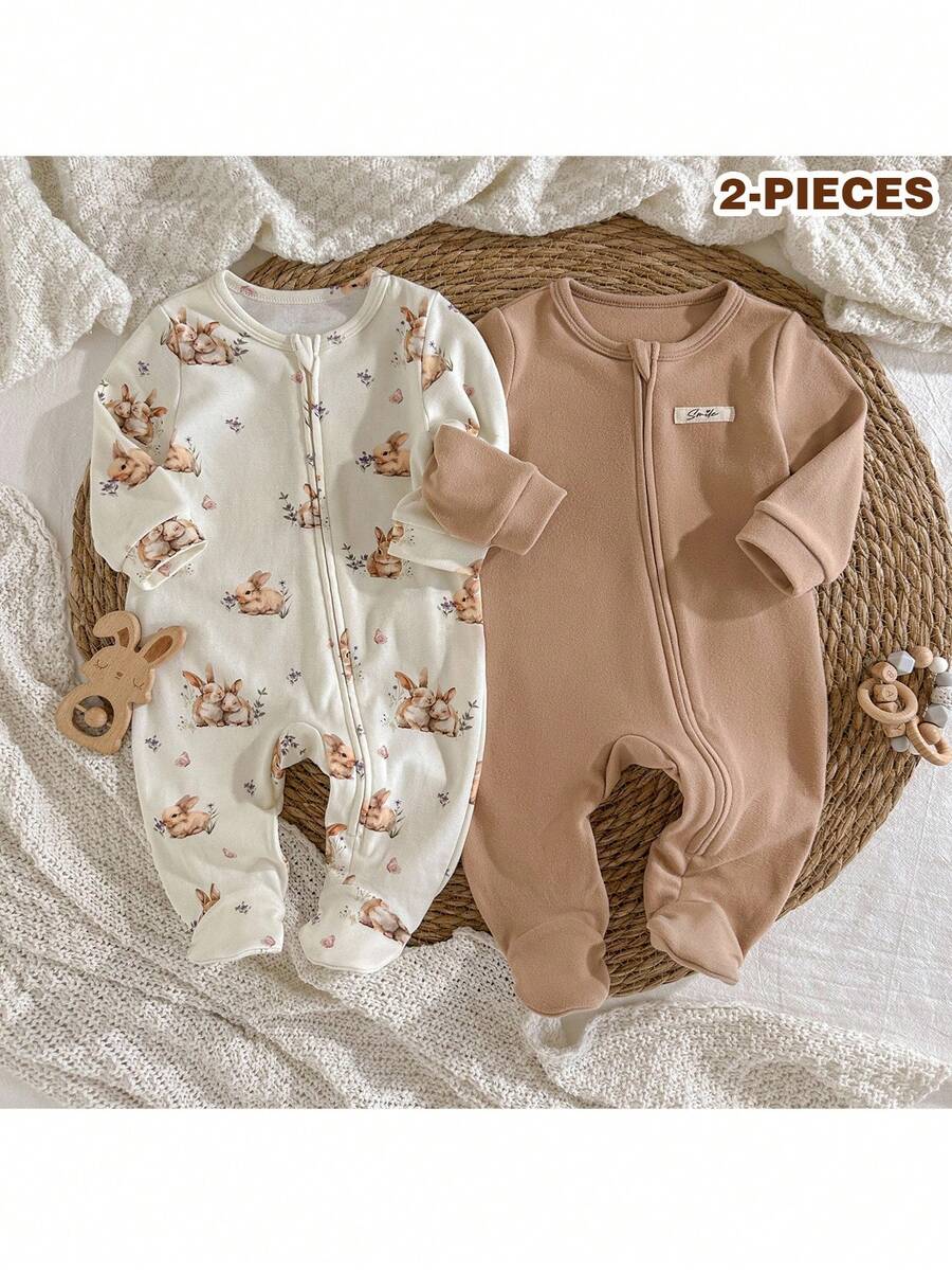 Loomiva 新生男婴/女婴卡通动物印花纯色柔软针织圆领长袖连体衣和裤子两件套 - 卡其色 - 查看 1