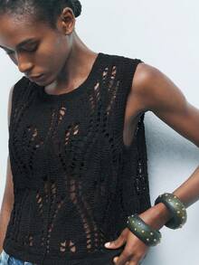 Maija 女士纯色无袖镂空针织上衣，波西米亚风格，适合海滩、海岛度假、音乐节、乡村风格外套、派对穿着 - 黑色 - 查看 5