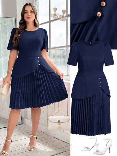 Ellevyn Vestido plisado elegante para oficina de diseño asimétrico con hebilla de metal, unicolor, talla grande