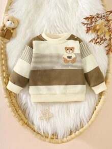 SHEIN Autumn New Arrival Newborn Baby Striped Contrast Color Top, Cute Bear Embroidery Soft & Comfy Shoulder Button Casual Baby Clothes Fall Winter